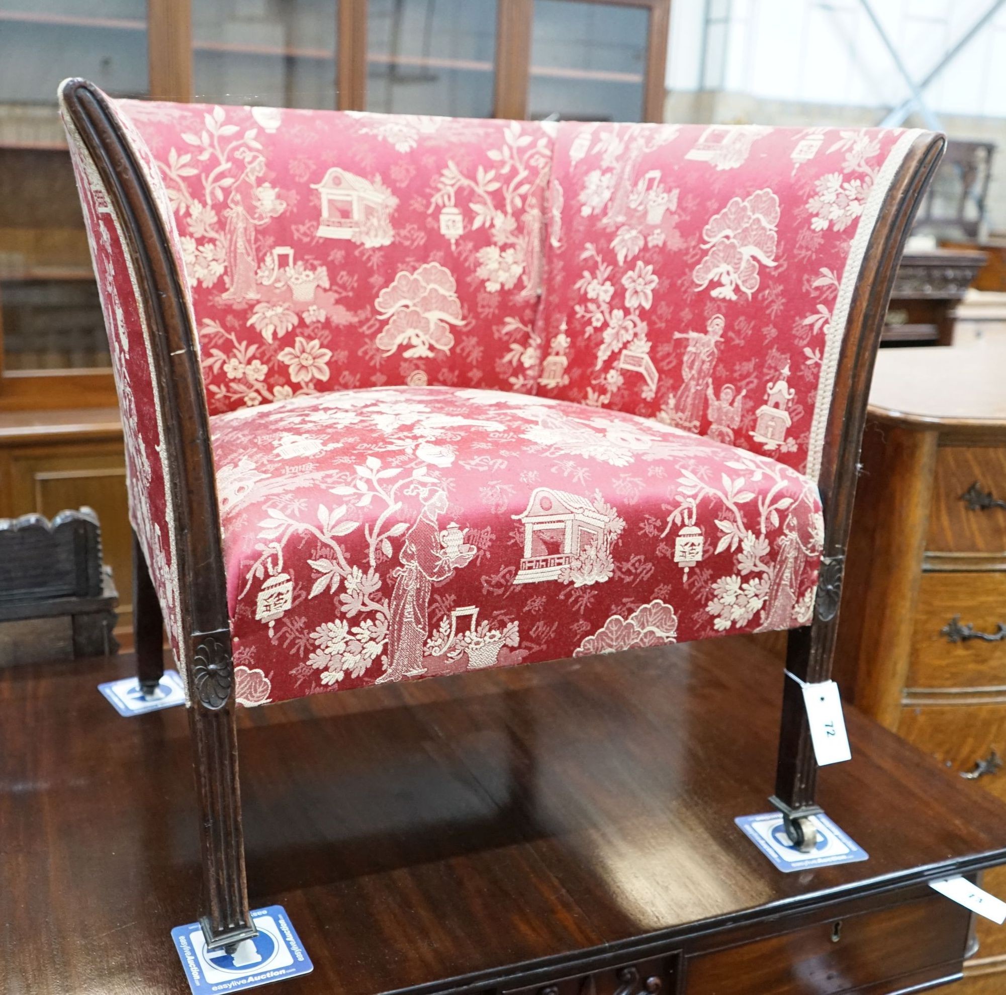 An Edwardian mahogany square frame upholstered armchair, width 70cm, depth 50cm, height 66cm